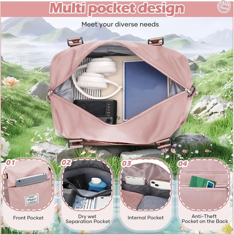 SEAFEW Pink Gym Bag with Wet Pocket, Foldable Travel Duffle Bag Carry On Weekender Bags for Women, Waterproof Overnight Bag for Travel, Gym, Yoga - Image 4